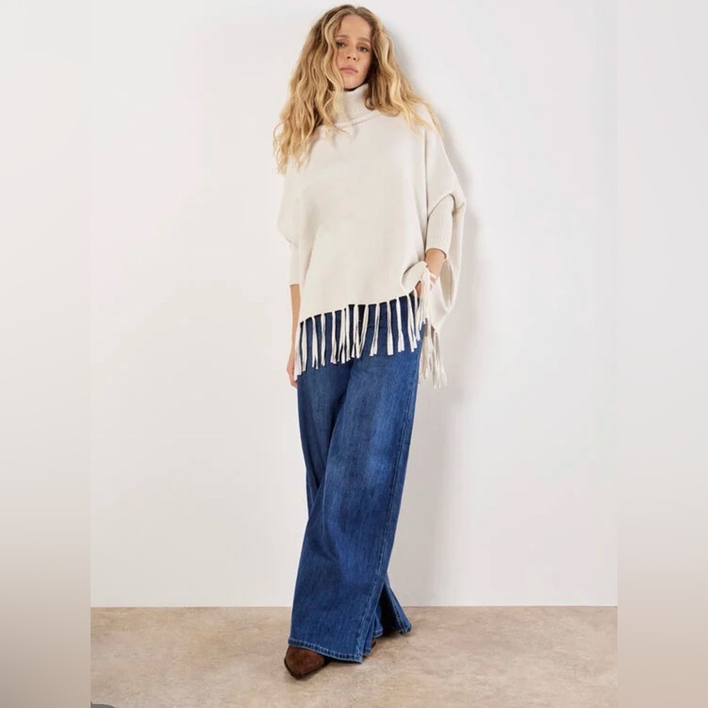 Apricot 🍑 - Women’s Cream Turtleneck Fringe Poncho Sweater - Picture 5 of 6